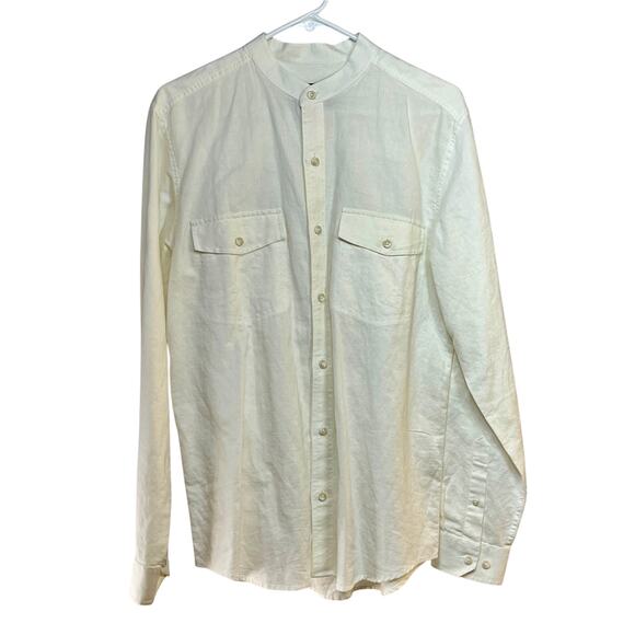 Eddie Bauer Shirt Banded Collar Cream Button Up Linen Cotton Men's Small L/S - Picture 1 of 3